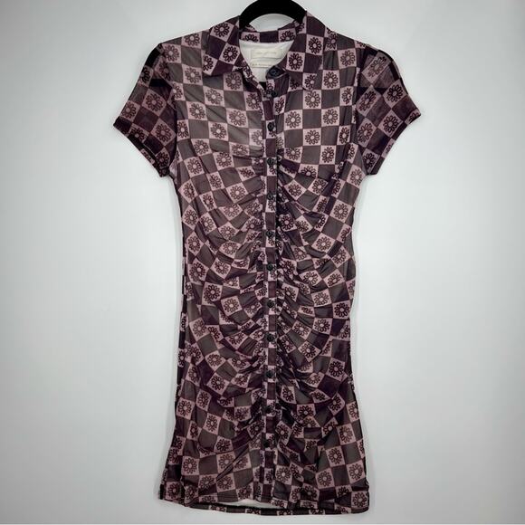 Urban Outfitters Riko Mesh Button Front Mini Dress Ruched Floral Bodycon XS - Picture 3 of 13